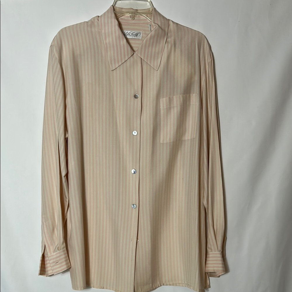 Lord & Taylor Women’s Size 14 Silk Button Front Pink White Striped Blouse